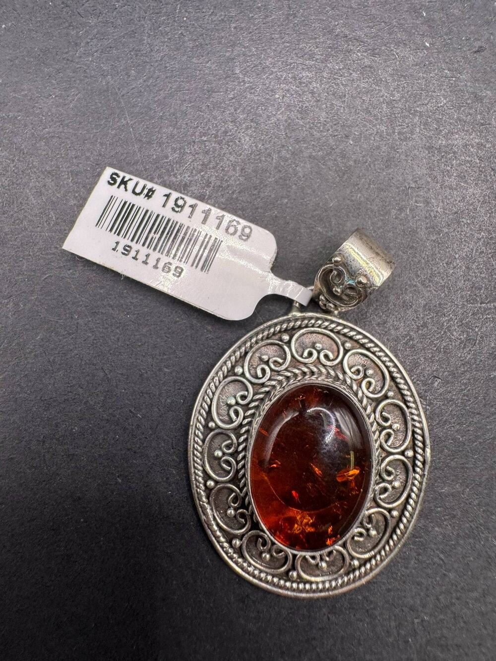 Vintage Sterling Silver Amber Pendant 925 Filigree Indonesian Jewelry Oval